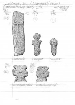 Drawing of carved stones one with cross detail. Lundawick Unst, Framgord, and Fetlar.
