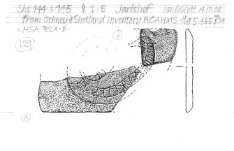 Drawing of a carved stone. Jarlshof serpent.
