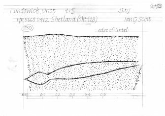 Drawing of a carved stone showing the edge of a lintel. Lundawick Unst.
