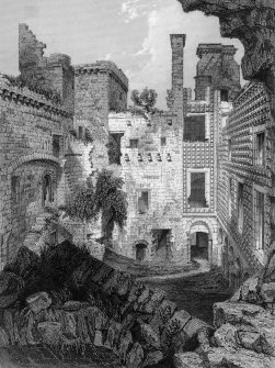 Midlothian, Crichton Castle. Photographic copy of engraving showing view of courtyard.