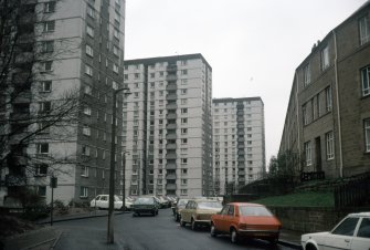 Dundee, Hilltown Terrace (Dallfield CDA 1st Development): View from street of 3 multi-storey blocks.