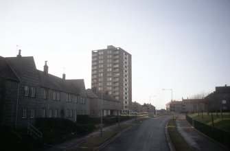 Aberdeen, Tolohill Square (Kincorth Section 49): View of Kincorth Land tower block with  housing estate in the foreground.