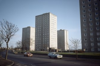 Aberdeen, Seaton, St Ninian's Place (Seaton 'A'): View from road of four 17-storey blocks.