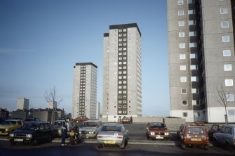 Aberdeen, Seaton Crescent (Seaton 'B' 'C'  'D' Phase 2): View across car park of multi-storey blocks.