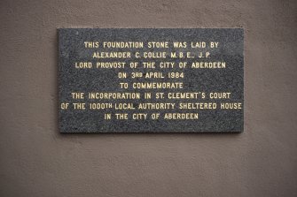 Aberdeen, Jasmine Place, St Clement's Court: Photo of the foundation stone laid by Lord Provost of the City of Aberdeen.