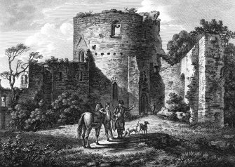 Engraving showing view of castle. 
Titled: 'Inside of Bothwell Castle'. 'Published as the Act directs, by G Kearsly in Fleet Street Dec 1 1778'.