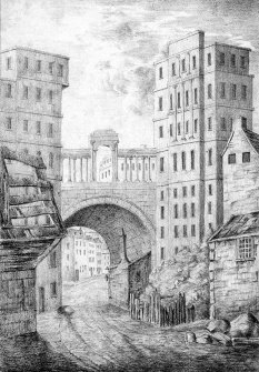 Regent Bridge
Lithographic view, titled: 'The Regent's Bridge, Edinburgh.'
Insc: 'Drawn on stone by F R Nixon from an original Drawing by the Revd. R Nixon. Printed by Rowney & Forfter, Pl.8'