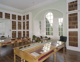 Interior. Main floor, library, view from NW