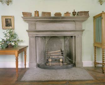 Interior. Main floor, library, detail of fireplace