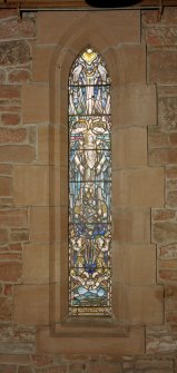 Interior.
Entrance vestibule, detail of stained glass window on E wall.