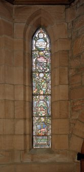Interior.
Entrance vestibule, detail of stained glass window on E wall.