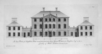 Edinburgh, Saughton House.
Photographic copy of elevation to court.
Insc: 'The East Front of Saughton House toward the Court the Seat of James Wattson of Saughton Esqr. in the Country of Midd Lothian. Extends 155 feet' 'Gul Adam inv: et delin' ' R: Cooper Sculp' 'p.117'