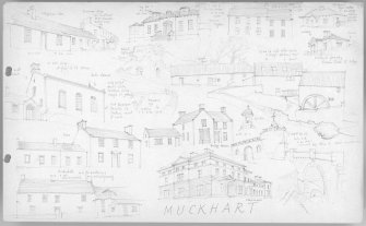 Photographic copy of annotated pencil sketch of buildings in Muckhart parish by David Walker.
