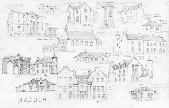 Photographic copy of annotated pencil sketch of buildings in Ardoch parish by David Walker.