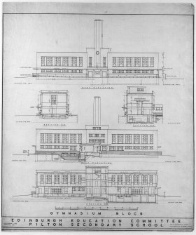 East and West elevations and section of gymnasium block.