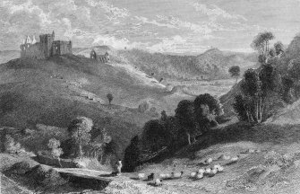 Engraved view of castle and chapel.