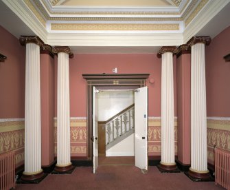 Interior. View of main hall from E with doors open