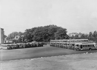 View main transport car park with single and doube decker buses.