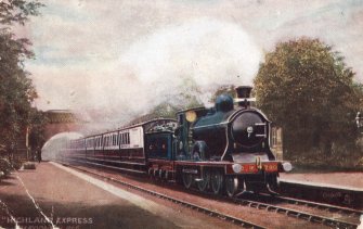 Postcard showing a painting of the 'Highland Express' possibly at Alyth Junction Station.
Insc: 'Highland Express; Caledonia Rly'.