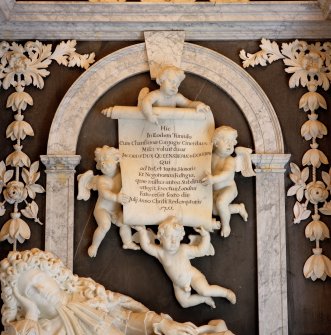 Interior.
Queensberry Monument, detail of scroll with cherubs.