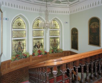 Inverness Town House, interior.  Stair-case: view of stained glass window on the landing from North East