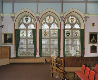 Inverness Town House, interior.  First floor: detail of stained glass window at the West end of the North wall of the main hall