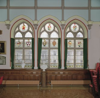 Inverness Town House, interior.  First floor: detail of stained glass window at the East end of the North wall of the main hall
