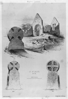 Copy of an illustration of 3 carved stones, one in situ with church behind (from SW).
From J Stuart, The Sculptured Stones of Scotland, vol. ii, 1867, plate lxiii.