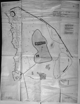 General plan of site of St Blane's Church and surroundings. Includes 'manse', 'cauldron', excavations and church.
