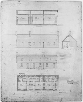 Photographic copy of drawing showing plan and elevation of cottages in village.