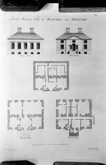Hawkhill House
Photographic copy of elevations and floor plans
Titled: 'Lord Alemore's Villa at Hawkhill near Edinburgh'  'P. 123'  'Jno. Adam Archt.'  'P. Mazell Scuplt.'
From Vitruvius Scoticus, Plate 123