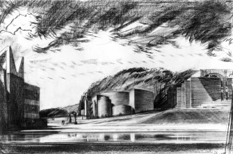 Univeristy of Sussex.
Perspective drawing of the proposed Arts Centre with Falmer House on teh left and the Library building on the right.