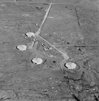 Aerial view of Orkney, Hoy, taken from the NW, Rysa Lodge heavy anti aircraft battery, H6, with four gun emplacements and command centre. The gun emplacements have been covered with a modern roof to provide shelter for animals.