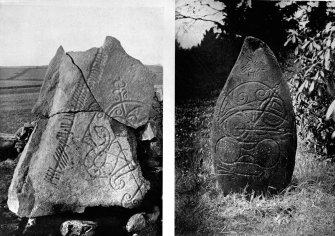 View of of the Brandsbutt and Logie Elphinstone symbol stones with ogham inscription.