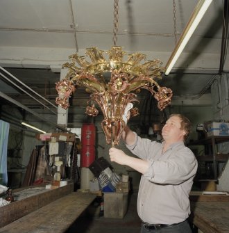 Interior. Lower ground floor. Workshop. Detail of staff and light fitting.