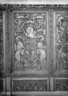 Detail of Beaton Panel depicting Scottish arms and thistle.