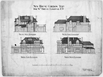 Edinburgh, 10 Gordon Terrace.
Photographic copy of elevations of house, showing pencilled alterations to chimneys.
Insc: 'New House Gordon Terr For Wm Bruce Lindsay Esq, South West Elevation, South East Elevation, North East Elevation and North West elevation, 35 Constitution Street, Leith. 7th Jan 1901'.