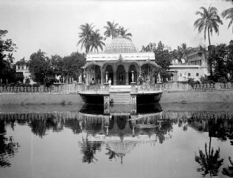 Jain Temple complex, Kolkata.  Entrance steps from the pond to east.