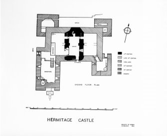 Photograph of drawing showing ground floor plan.
Titled: 'Hermitage Castle' 'Ministry of Works, Edinburgh 1954'