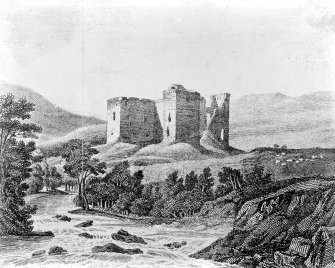 Hermitage Castle. Photographic copy of etching showing ruin.
