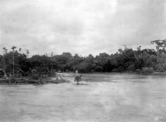 View from boat, with village obscured in trees. Unknown location, possibly Salt Lakes to east of Kolkata or south towards the Sundarbans to the south.