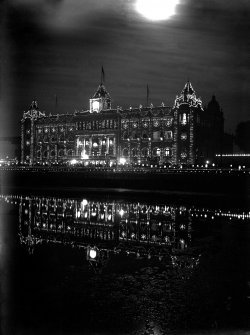 The 'new' Bengal Club, Chowringhee lit for British Royal visit.  This part of the club is now demolished, having been completed in 1908 by the architect J Vincent Esch (who was also supervising architect for the Victoria Memorial, Kolkata).