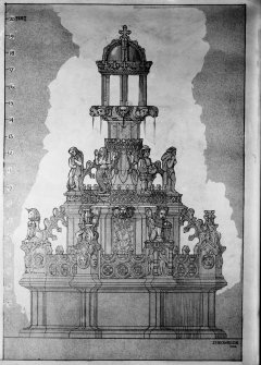 Photographic copy of drawing showing detail of fountain.