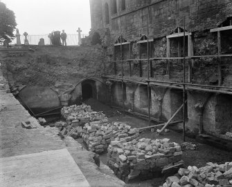 View of excavations of the refectory at Dunfermline Abbey in 1923.