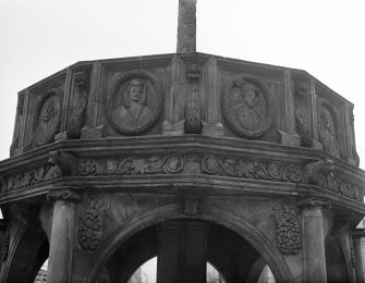 Aberdeen, Castle Street, Market Cross.
Detail of Market Cross showing depictions of James IV and Mary, Queen of Scots.