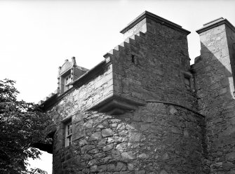 Dundee, Claypotts Road, Claypotts Castle.
View of South-East tower with corbels and dormer window.