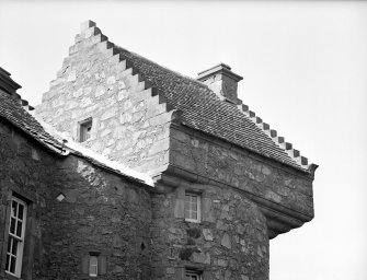 Dundee, Claypotts Road, Claypotts Castle.
View of North-West tower displaying four tier corbels.