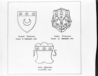 Dundee, Claypotts Road, Claypotts Castle.
View of the Strachan coat of arms.
















