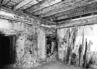 Painted ceiling at Rossend Castle, Burntisland - the north west corner of the hall after removal of the plaster ceiling.