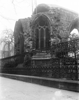 View of exterior of Blackfriars Chapel under repairs.